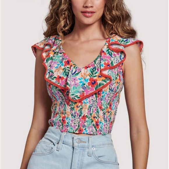 Lost + Wander Boho Ruffle Neck Floral Top - Picture 1 of 7